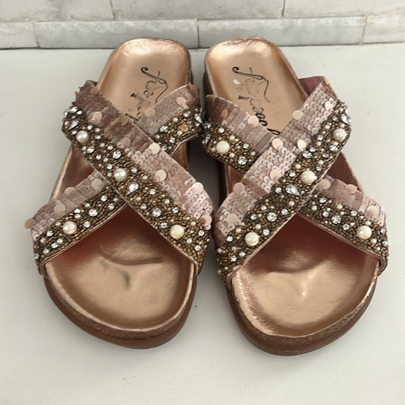 FREE PEOPLE Moon Child Embellished Slide Sandal In Rose Gold Beaded Size 40 - Picture 3 of 8